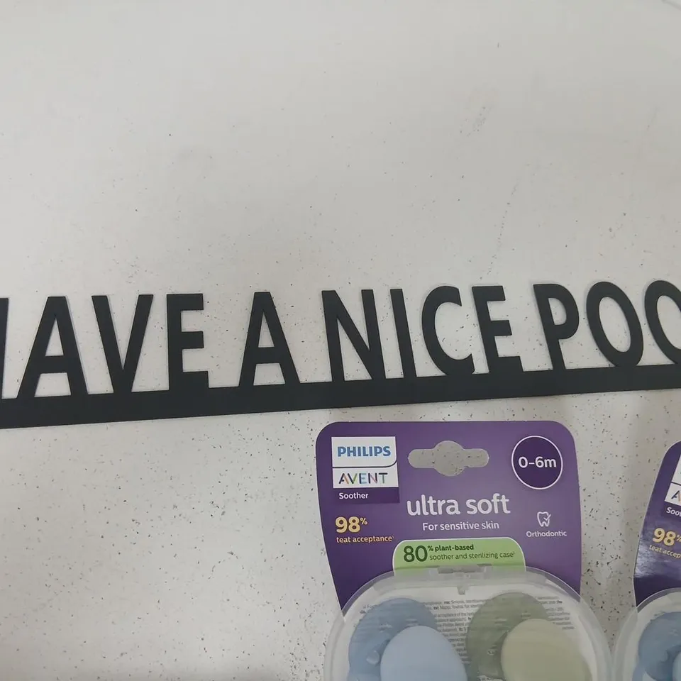 ASSORTED HOUSEHOLD PRODUCTS TO INCLUDE; PHILIPS AVENT ULTRA SOFT SOOTHERS (0-6M) –, HAVE A NICE POO SIGN, FOOT MAISER
