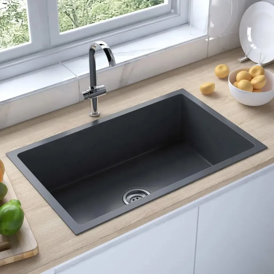 BOXED ISIDORA HOMEMADE KITCHEN SINK WITH STRAINER BLACK STAINLESS STEEL