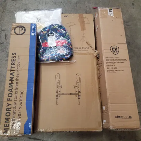 PALLET CONTAINING ASSORTED PRODUCTS INCLUDING FOLDING CHAIR, MEMORY FOAM MATTRESS, 4-IN-1 TRIPOD STAND & KIDS BACKPACK