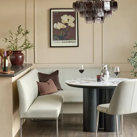 BOXED DANETTI LOOP 7 SEATER LEFT HAND CORNER BENCH - LIGHT GREY FAUX LEATHER, CHROME LEGS (3 BOXES)