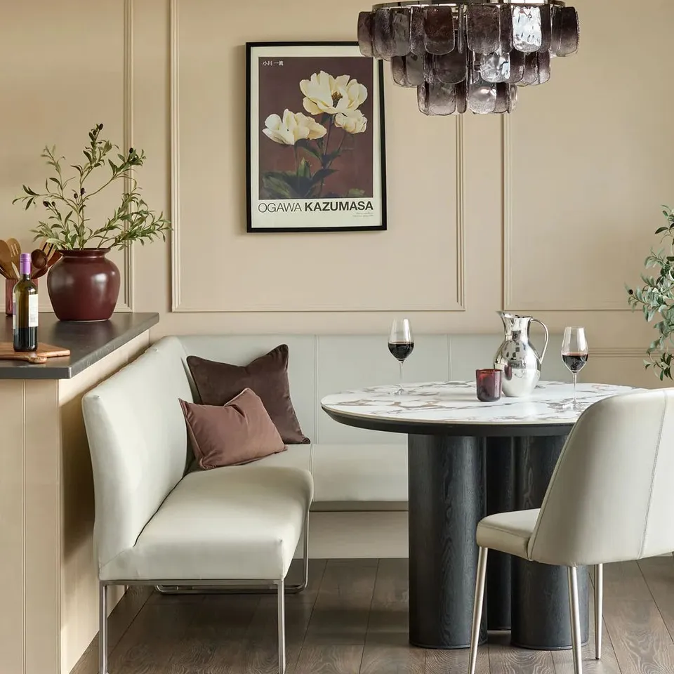 BOXED DANETTI LOOP 7 SEATER LEFT HAND CORNER BENCH - LIGHT GREY FAUX LEATHER, CHROME LEGS (3 BOXES)