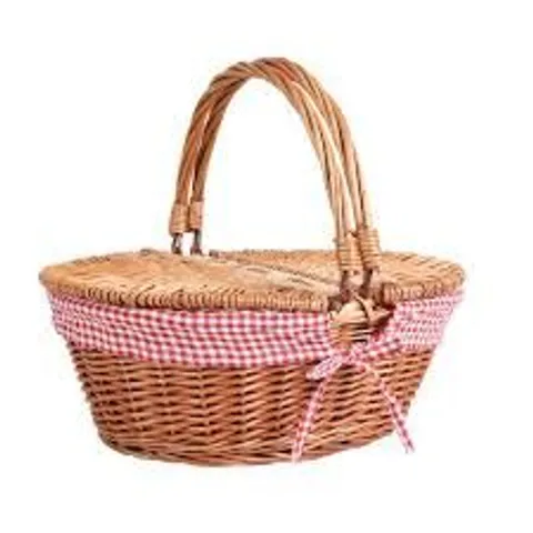 BOXED DISPLAY4TOP OVAL COUNTRY STYLE WICKER PICNIC BASKET WITH FOLDING HANDLES & LINERS FOR PICNICS, PARTIES AND BBQS - 40CM(L) X 30CM(W) X 20CM(H)