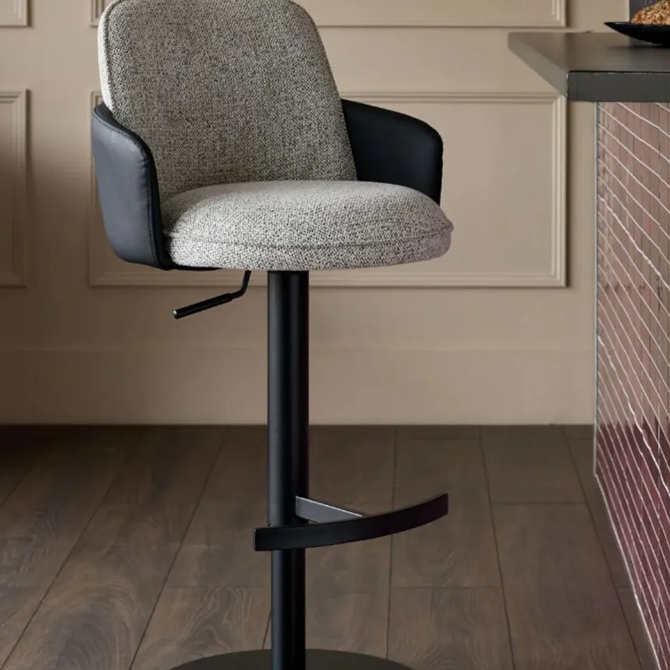 BOXED DANETTI WREN GREY FABRIC AND BLACK FAUX LEATHER GAS LIFT BAR STOOL