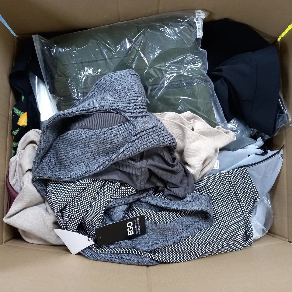 LARGE BOX OF ASSORTED CLOTHING ITEMS IN VARIOUS COLOURS AND SIZES INCLUDING TROUSERS , TOPS AND JUMPERS 