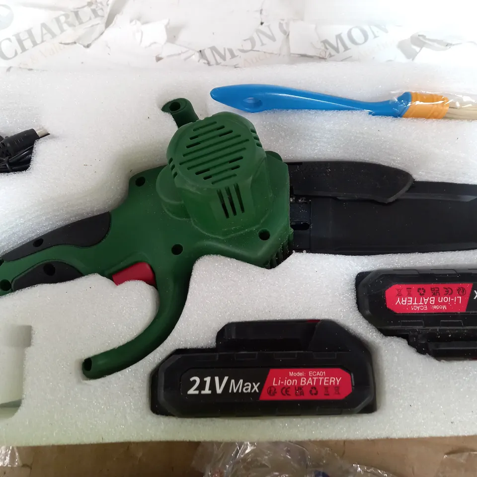 BOXED MINI CORDLESS CHAINSAW INCLUDING SPARE BATTERIES, GLOVES ETC