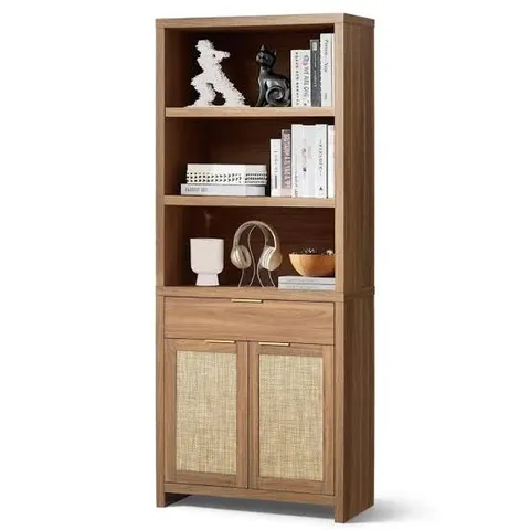 BOXED OAKHAM HOME HAMPSTEAD BOOKCASE, RATTAN BOOKCASE WITH DOORS CABINET AND DRAWER, 5-TIER BOOKSHELF, LARGE WOODEN BOOK CASE, TALL BOOKSHELVES FOR LIBRARY LIVING ROOM