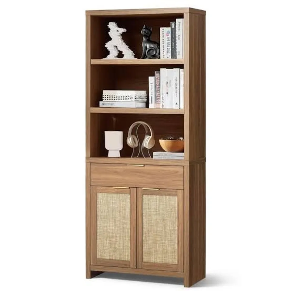 BOXED OAKHAM HOME HAMPSTEAD BOOKCASE, RATTAN BOOKCASE WITH DOORS CABINET AND DRAWER, 5-TIER BOOKSHELF, LARGE WOODEN BOOK CASE, TALL BOOKSHELVES FOR LIBRARY LIVING ROOM 