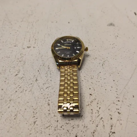 DENVOSI - GOLD-TONE DAY-DATE QUARTZ WRISTWATCH WITH BLACK DIAL AND BRACELET