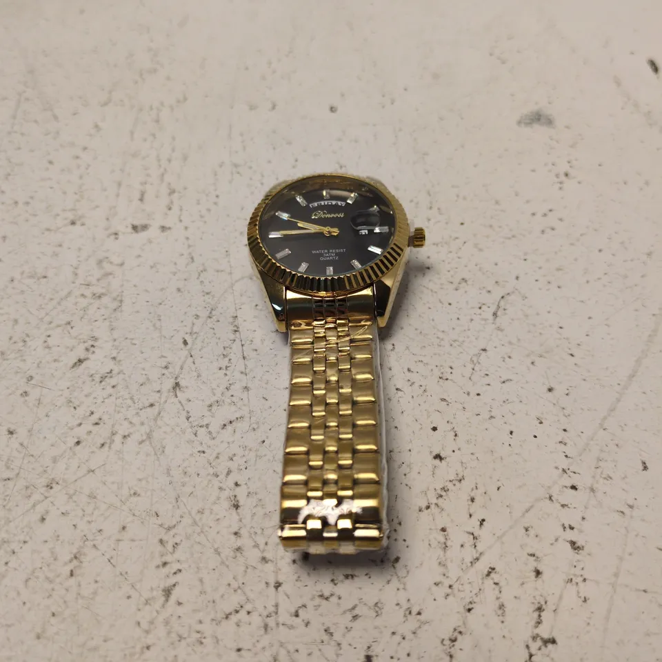 DENVOSI - GOLD-TONE DAY-DATE QUARTZ WRISTWATCH WITH BLACK DIAL AND BRACELET