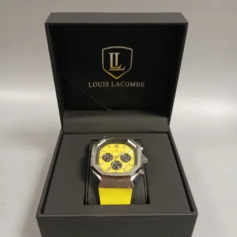 MENS LOUIS LACOMBE CHRONGRAPH WATCH – 3 SUB DIALS – STEEL CASE – YELLOW RUBBER STRAP