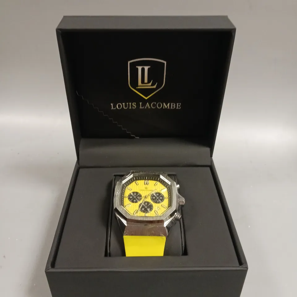 MENS LOUIS LACOMBE CHRONGRAPH WATCH – 3 SUB DIALS –  STEEL CASE – YELLOW RUBBER STRAP