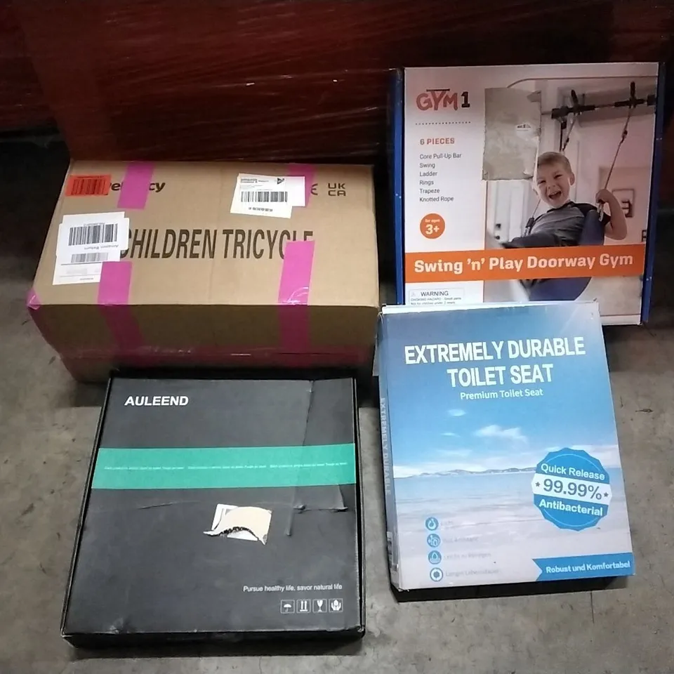 PALLET OF HOUSEHOLD ITEMS TO INCLUDE SHOWER HEAD, CHILDREN'S TRICYCLE, TOILET SEAT, SWING N PLAY DOORWAY GYM AND OTHER ASSORTED ITEMS...