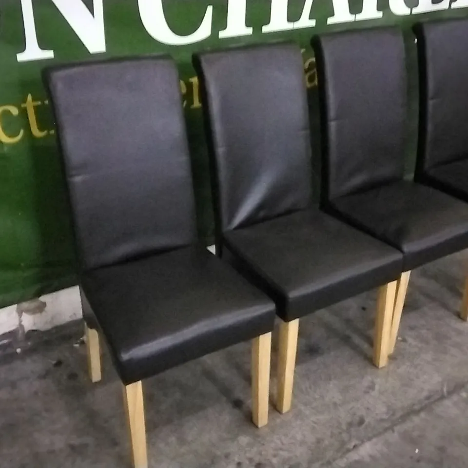 QUALITY DESIGNER BLACK LEATHER DINING CHAIRS WITH WOODEN LEGS