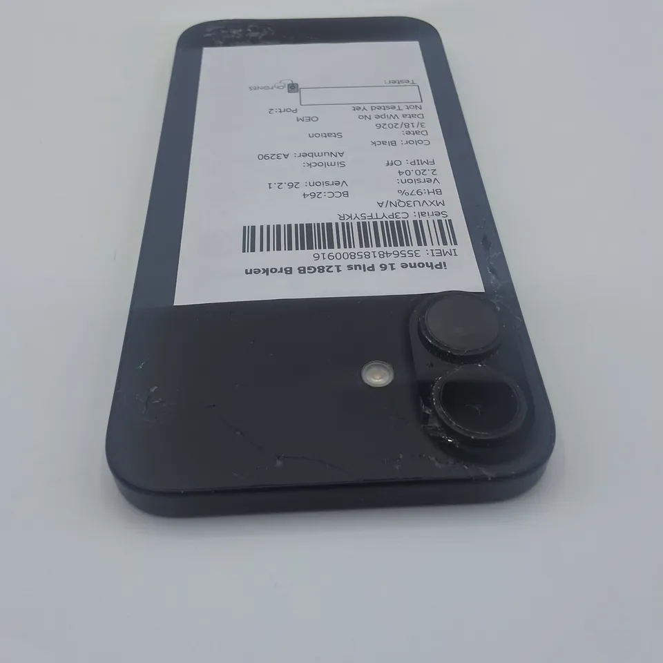 UNBOXED APPLE IPHONE 16 PLUS 128GB IN BLACK - A3290