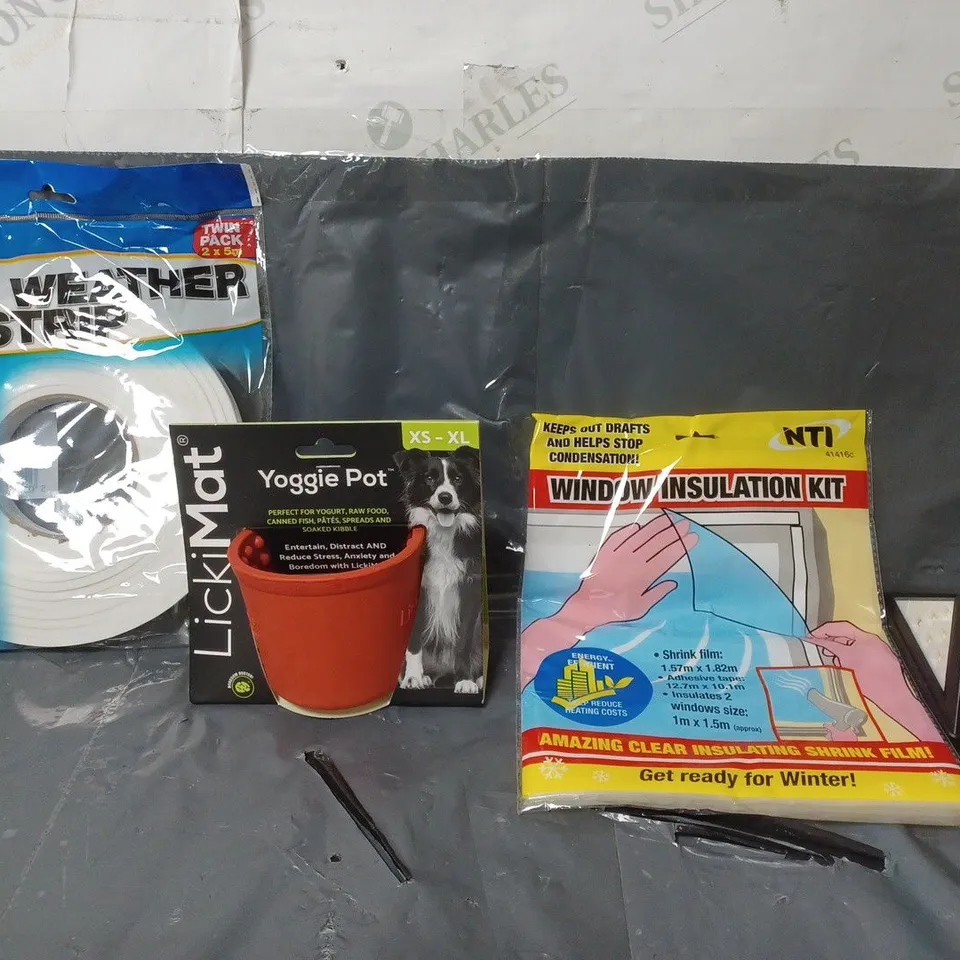 BOX OF APPROXIMATELY 15 ASSORTED ITEMS TO INCLUDE - WINDOW INSULATION KIT , MAT YOGGIE POT , FOAM WEATHER STRIP ETC