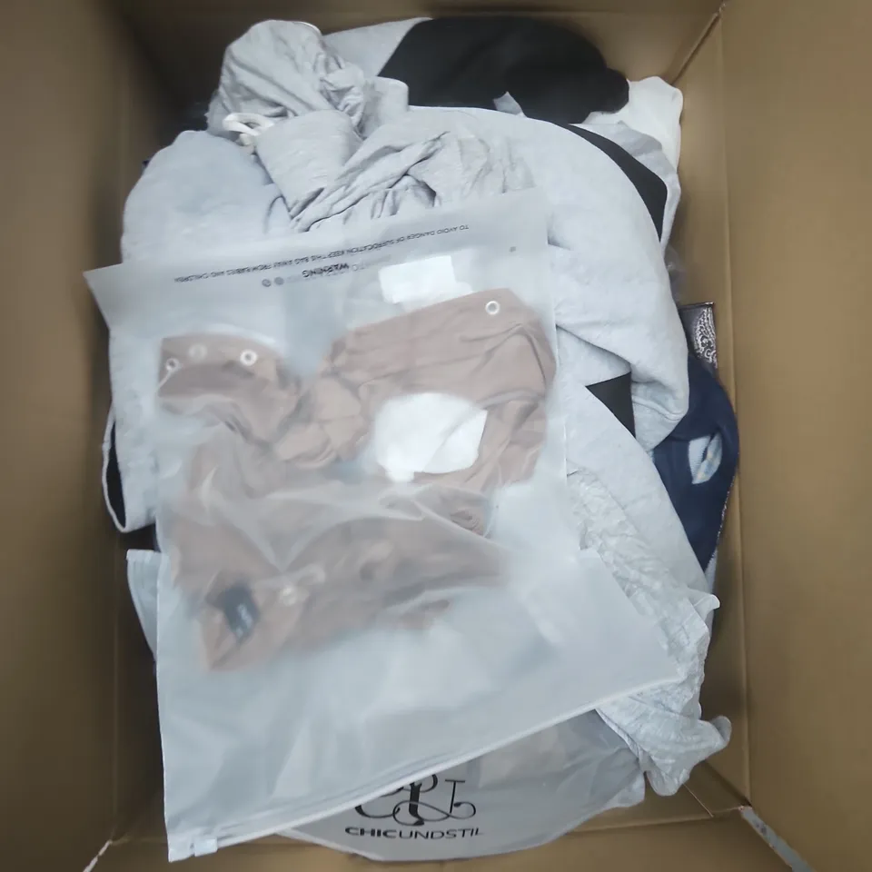 LARGE BOX OF APPROXIMATELY 25 ASSORTED CLOTHING ITEMS IN VARIOUS COLOURS, STYLES AND SIZES - COLLECTION ONLY
