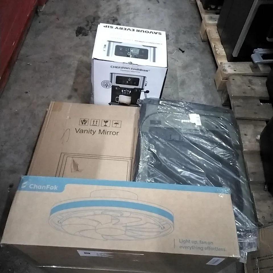 PALLET OF HOUSEHOLD ITEMS TO INCLUDE CHEFMAN CRAFTBREW, VANITY MIRROR, PET TRAVEL CASE,CEILING FAN WITH LIGHT AND OTHER ASSORTED ITEMS...