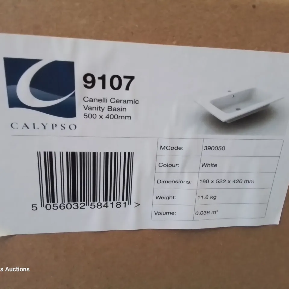 BOXED CANELLI CERAMIC SINGLE TAP VANITY BASIN WHITE 500 × 400mm
