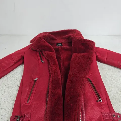 BERSHKA RED FAUX FUR COAT – UK XS (EU XS, US XS)