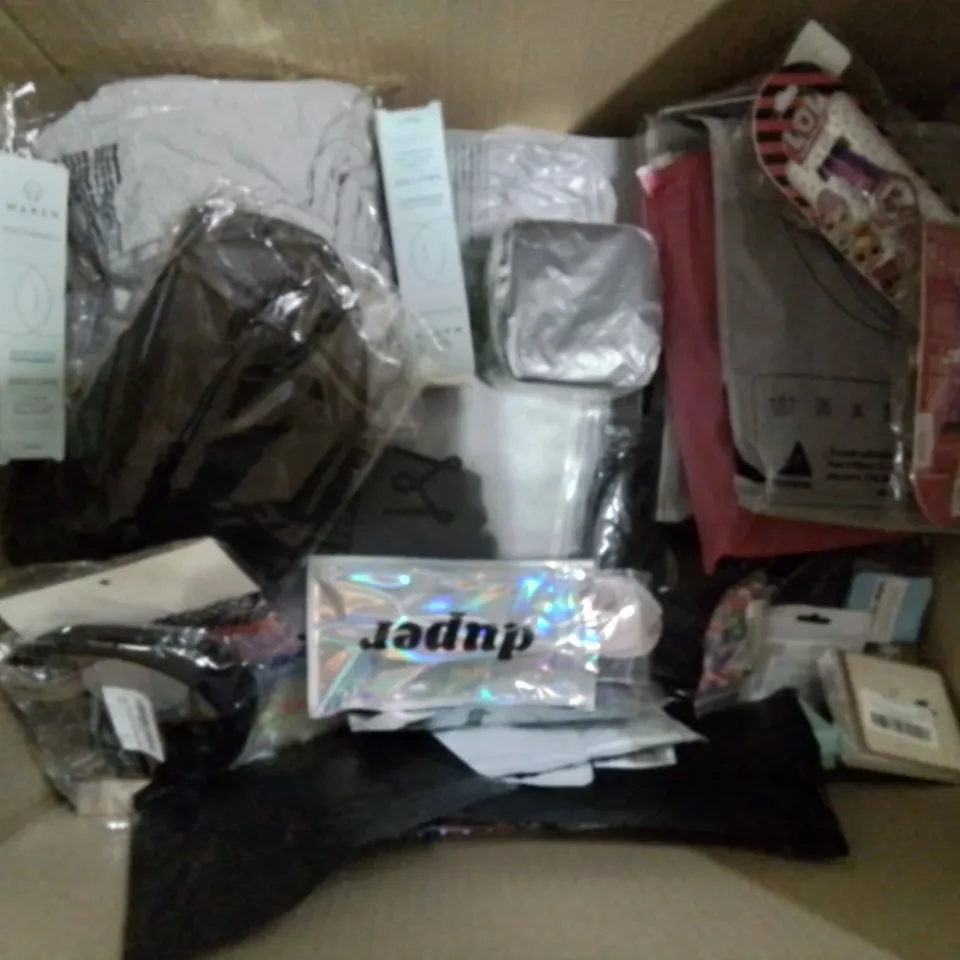 BOX CONTAINING LARGE AMOUNT OF MIXED FASHION ITEMS, SILVER PLATE AND COSTUME JEWELLERY, CLOTHING ITEMS ETC.