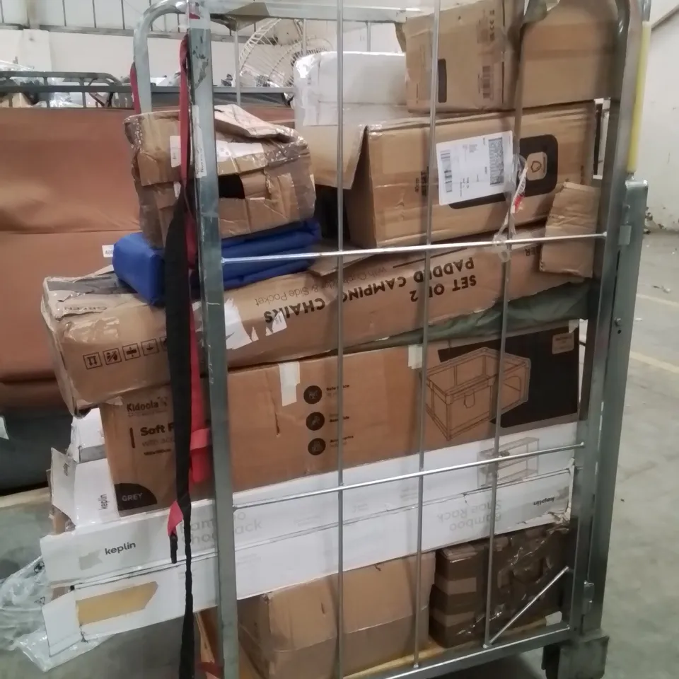 CAGE OF ASSORTED HOUSEHOLD GOODS AND PRODUCTS TO INCLUDE;BAMBOO SHOE RACKS,PLAYPENS,DOG COOLING PILLOW,SUITCASE,WEATHERPROOF 30M CABLE REEL
