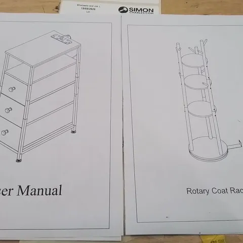 PALLET CONTAINING A LARGE QUANTITY OF BRAND NEW FLATPACKED PRODUCTS TO INCLUDE;ROTARY COAT RACK,CHEST OF DRAWERS WITH SOCKETS,ETC