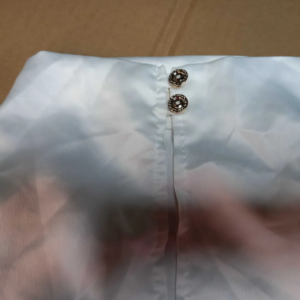 DESIGNER WHITE SATIN HIGH NECK STATEMENT BLOUSE 