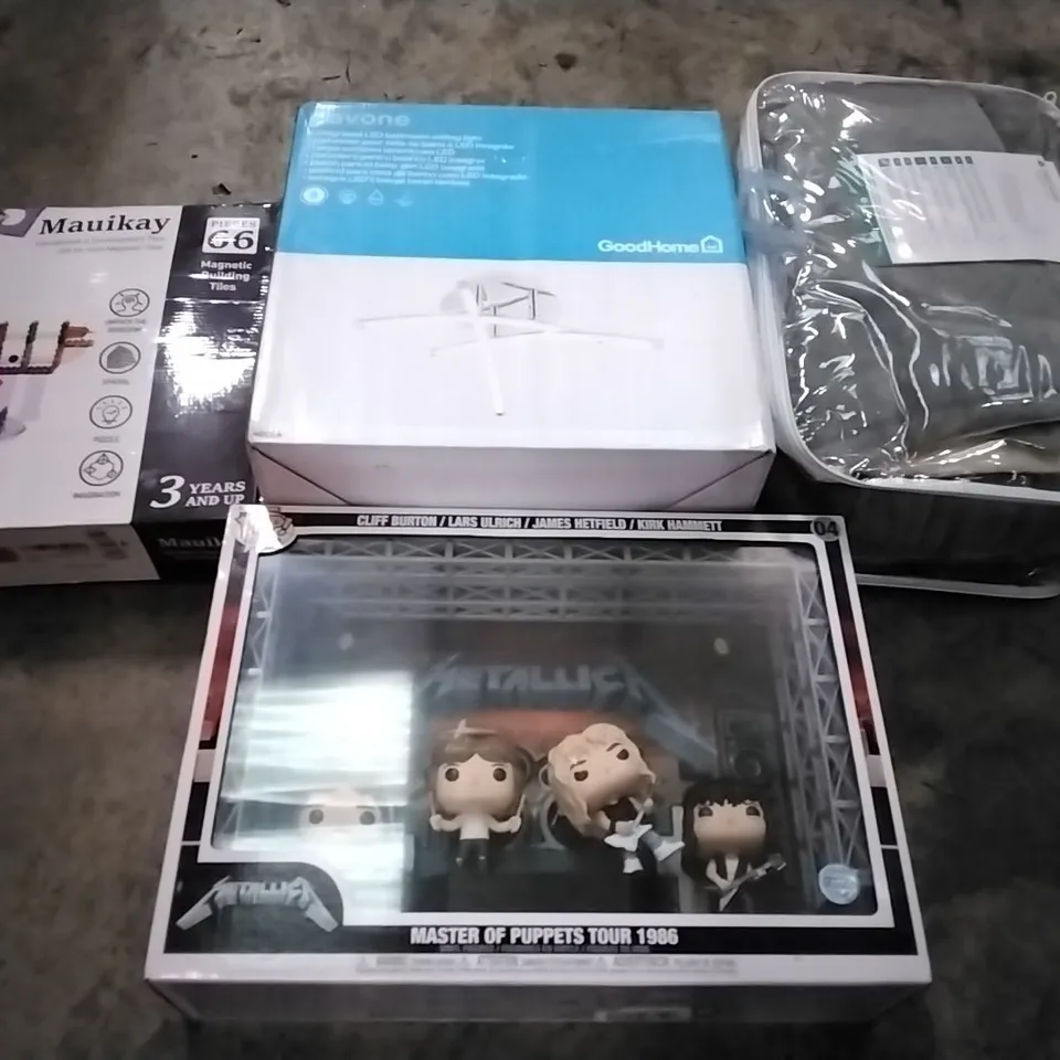 PALLET OF HOUSEHOLD ITEMS TO INCLUDE EDUCATIONAL KIDS MAGNETIC TILES, BATHROOM CEILING LIGHT,  ELECTRIC BLANKET,  MASTER OF PUPPETS TOUR 1986 AND OTHER ASSORTED ITEMS...