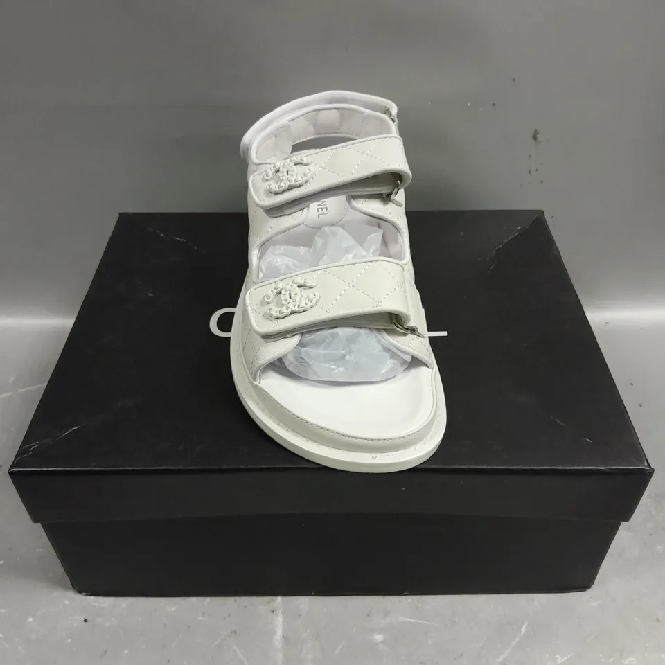 BOXED PAIR OF CHANEL TWIN STRAP SANDALS IN WHITE - 6