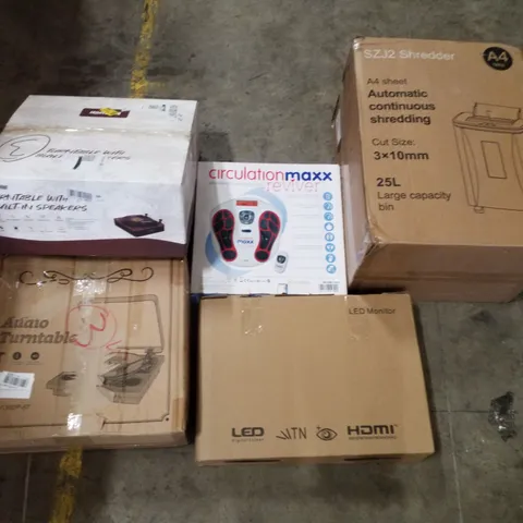 PALLET CONTAINING ASSORTED PRODUCTS INCLUDING SHREDDER, LED MONITOR, AUDIO TURNTABLE & NEUROMUSCULAR STIMULATOR 