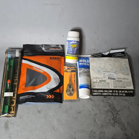 APPROXIMATELY 15 ASSORTED ITEMS TO INCLUDE - MOLD REMOVING GEL , GURU 24G X SAFE SYSTEM , CONFETTI BALLOONS ETC