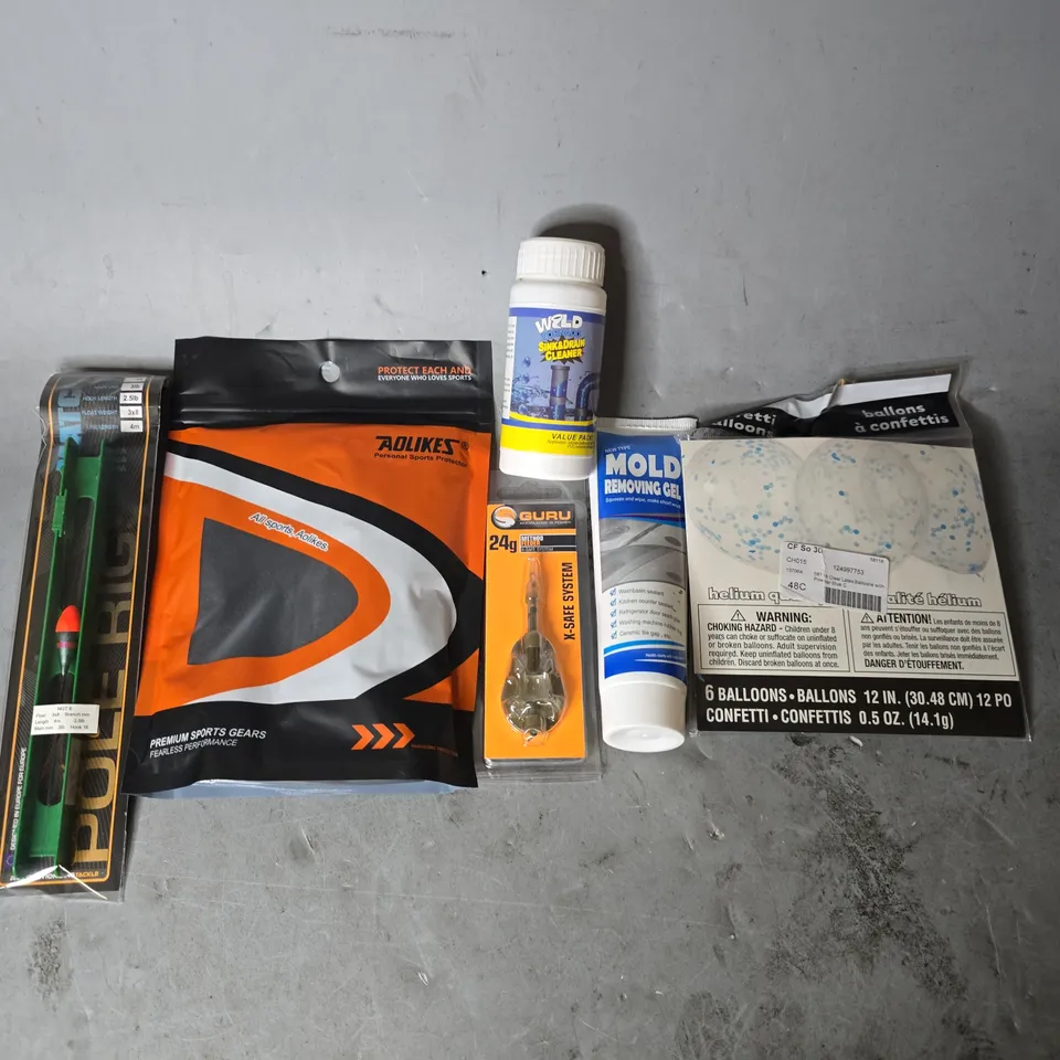 APPROXIMATELY 15 ASSORTED ITEMS TO INCLUDE - MOLD REMOVING GEL , GURU 24G X SAFE SYSTEM , CONFETTI BALLOONS ETC