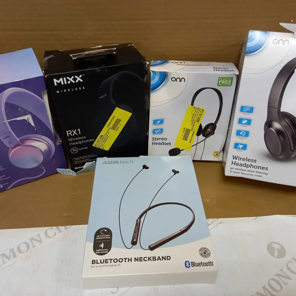 LOT OF 5 ASSORTED HEADHONES TO INCLUDE MIXX WIRELESS RX1, BLUETOOTH NECKBAND, WIRED OX1, ETC