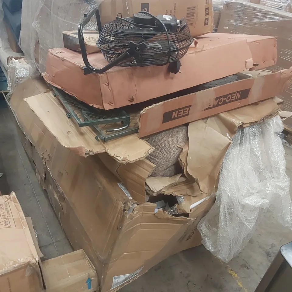 PALLET CONTAINING A LARGE QUANTITY OF ASSORTED ITEMS INCLUDING: FURNITURE PARTS, MATTRESS TOPPER, FAN ECT