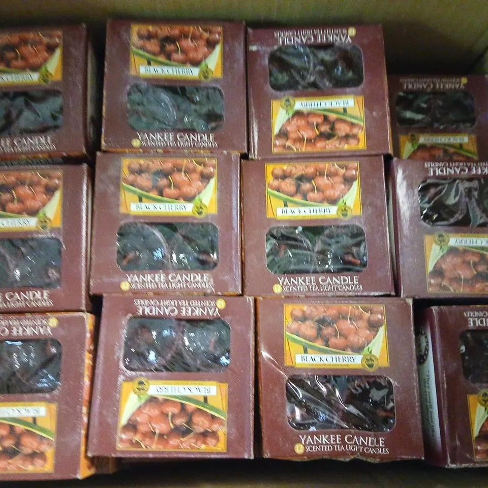 BOX OF APPROX 15 YANKEE CANDLE BLACK CHERRY SCENTED TEA LIGHT CANDLES – (12 PER BOX)