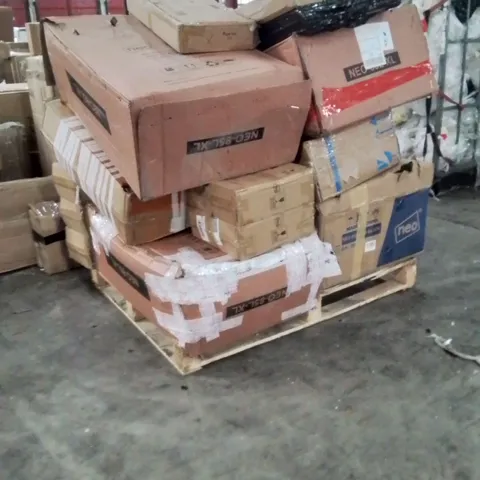 PALLET OF NEO PRODUCTS AND OTHER ASSORTED HOUSEHOLD GOODS TO INCLUDE;GAMING CHAIR LED,WHEEL BARROW,HEATED BLANKET,SHELVING UNIT