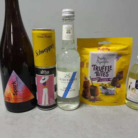 TOTE OF APPROXIMATELY 10 ASSORTED FOOD ITEMS TO INCLUDE - TRUFFLE BITES , SUSHI VINEGAR , SCHWEPPES TONIC WATER ETC 