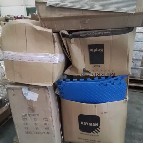 PALLET CONTAINING FOAM FLOOR TILES, SHOE RACKS, ANT KILLERS, BUBBLE WRAP ETC.