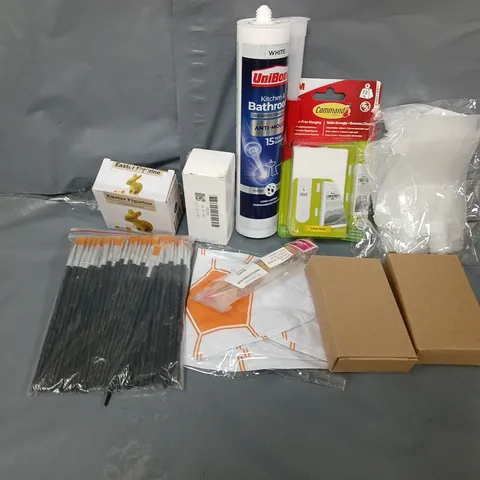 APPROXIMATELY 15 ASSORTED HOUSEHOLD ITEMS TO INCLUDE UNIBOND SILICONE SEALANT, PICTURE HANGING STRIPS, PAINTBRUSH, ETC