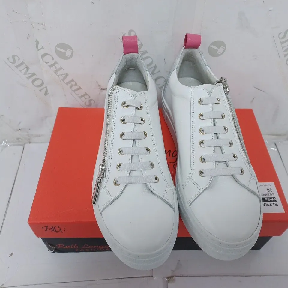 BOXED PAIR OF RUTH LANGSFORD ZIP TRAINERS IN WHITE/PINK - SIZE 5