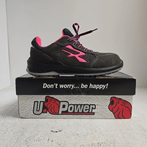 BOXED PAIR OF U.POWER SAFETY TRAINERS IN DEEP BROWN/PINK SIZE UK 5
