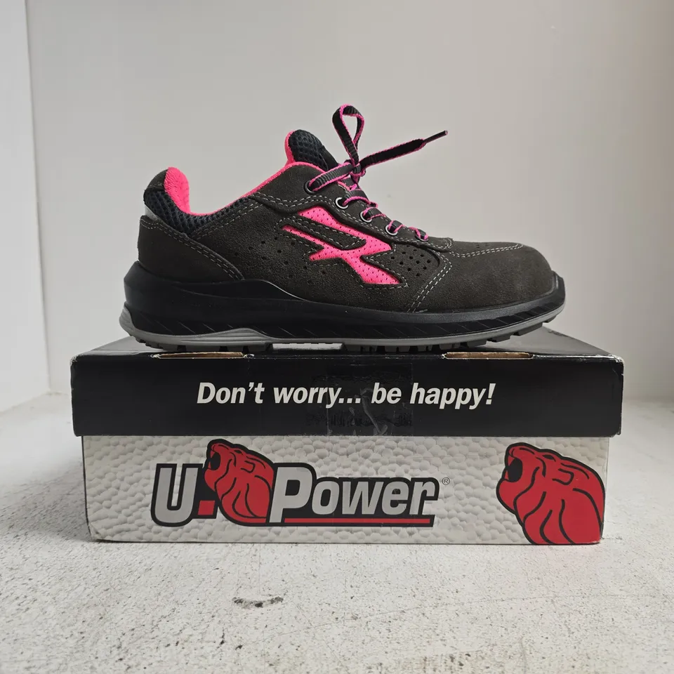 BOXED PAIR OF U.POWER SAFETY TRAINERS IN DEEP BROWN/PINK SIZE UK 5