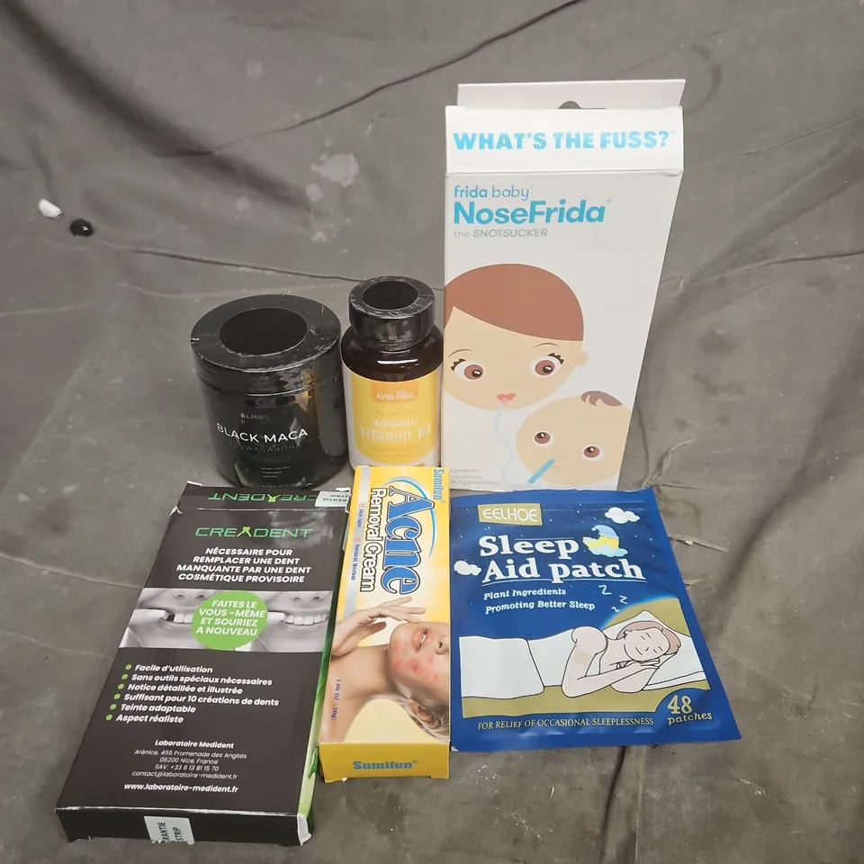 APPROXIMATELY 10 ASSORTED ITEMS TO INLCUDE NOSEFRIDA BABY NASAL ASPIRATOR KIT; VITAMIN D SUPPLEMENT; SLEEP PATCH 