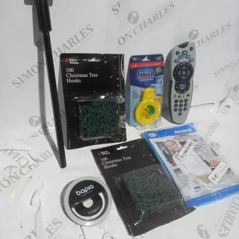 BOX OF APPROXIMATELY 15 ASSORTED ITEMS TO INCLUDE - SKY REMOTE, CHRISTMAS TREE HOOKS, FINISH FRESHENER ETC