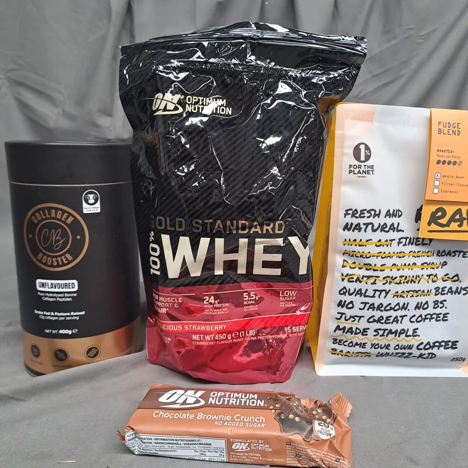 BOX OF APPROX 10 ASSORTED ITEMS TO INCLUDE - WHEY PROTEIN, PROTEIN BAR, COFFEE ETC