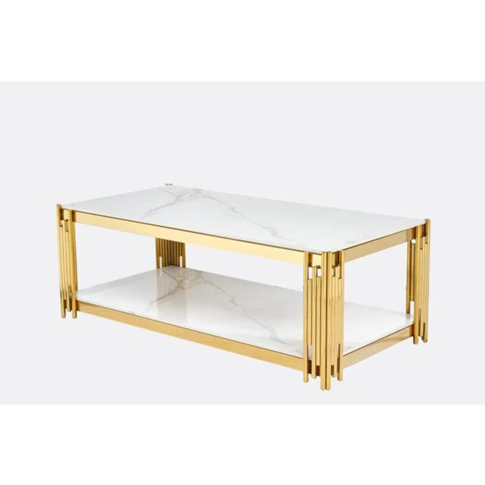BOXED KYA 4 LEGS COFFEE TABLE WITH STORAGE - SINTERED STONE AND CHROME GOLD EFFECT (1 BOX)