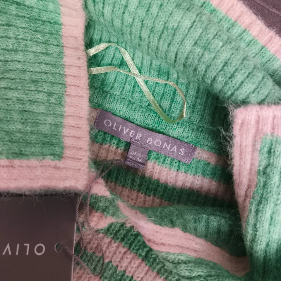 OLIVER BONAS GREEN & CREAM STRIPED COLLARED KNITTED JUMPER - SIZE 8