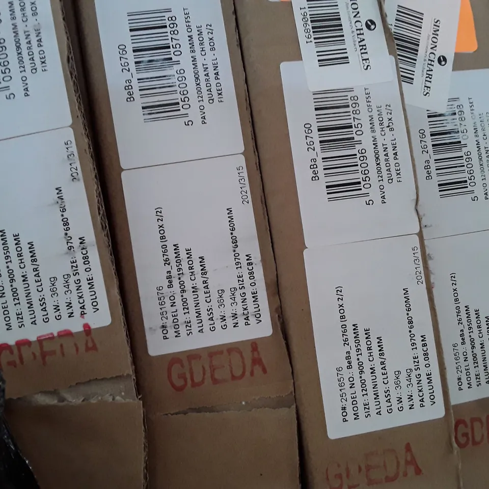 PALLET OF 5 BOXED PAVO 1200X900MM 8MM OFFSET QUADRANT CHROME FIXED PANEL (BOX 2 OF 2 ONLY) INCOMPLETE 