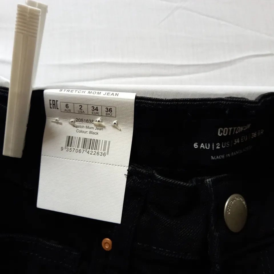 BOX OF APPROX 25 BRAND NEW COTTON:ON STRETCH MOM JEANS - BLACK SIZE AUS 6