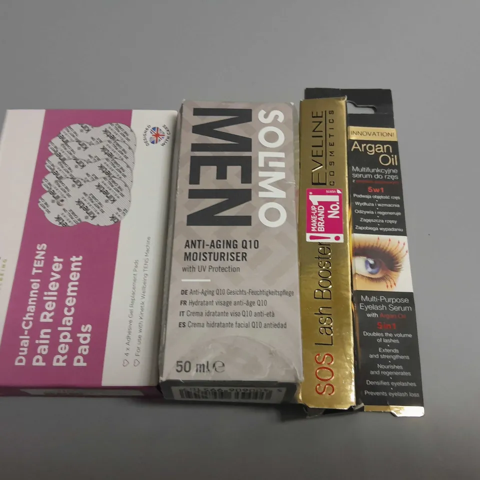 LOT OF 3 ASSORTED HEALTH AND BEAUTY ITEMS TO INCLUDE SOLIMO ANTI AGING MOISTURISER, SOS LASH BOOSTER AND TENS REPLACEMENT PADS